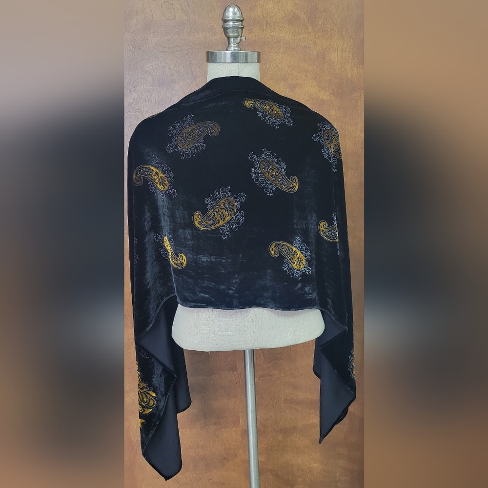 Black Velvet Shawl with Gold Paisley Design